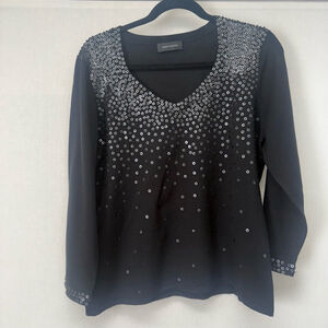 Women's Pointelle Top M Black Silver Sequin V-Neck Long Sleeve
